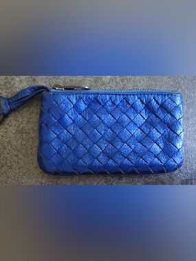 Bottega Veneta Braided Metallic Blue Leather Women's Zip Wallet/Card/Key Pouch